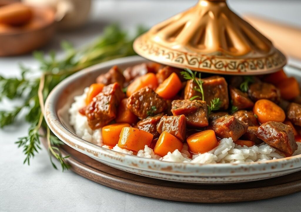 Tajine van lamsvlees en lentegroenten — AI-gegenereerde illustratie
