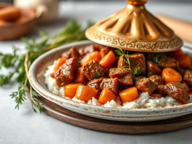 Tajine van lamsvlees en lentegroenten — AI-gegenereerde illustratie