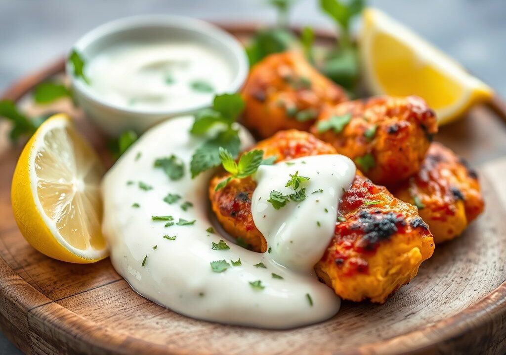 Tandoori visspiezen met raita — AI-gegenereerde illustratie