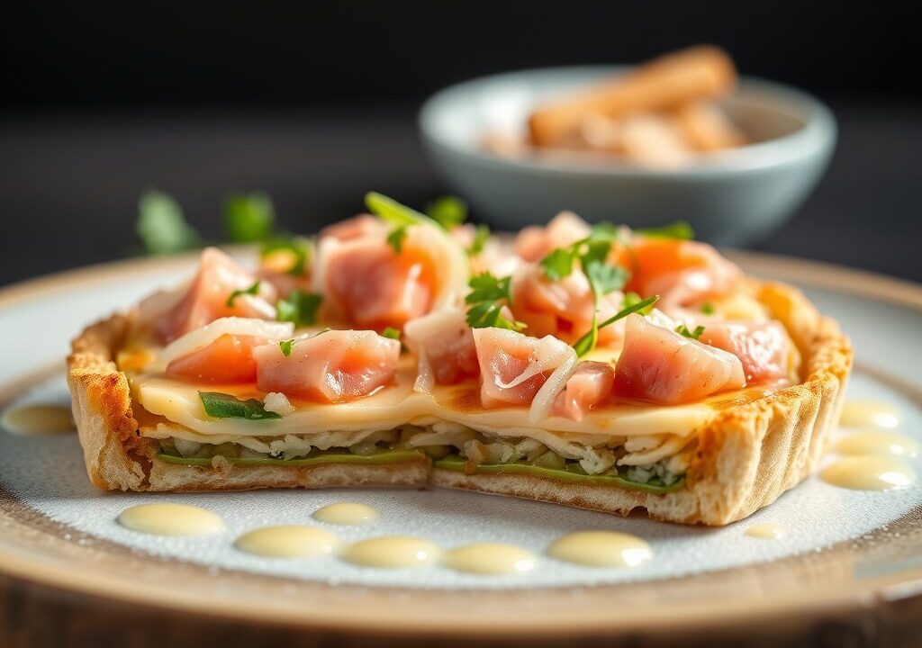 Tartaar van lentegroenten met kalfscarpaccio en emulsie van tonijn — AI-gegenereerde illustratie