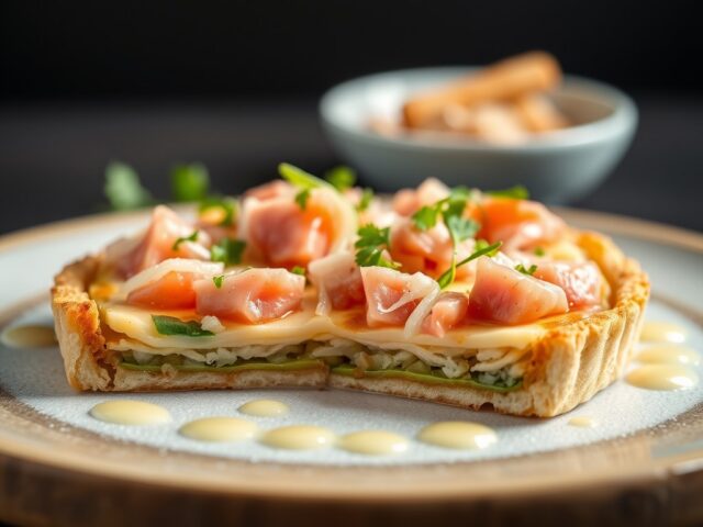Tartaar van lentegroenten met kalfscarpaccio en emulsie van tonijn — AI-gegenereerde illustratie