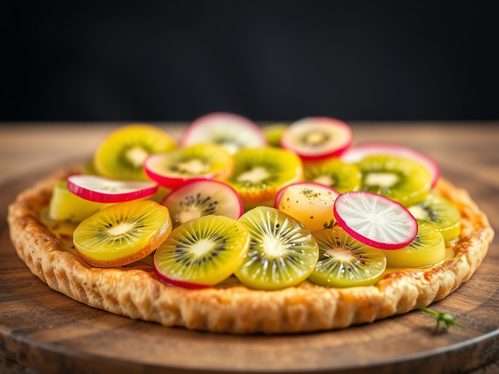 Tartaar van rivierkreeftjes met kiwi en balsamicodressing, AI-gegenereerde illustratie