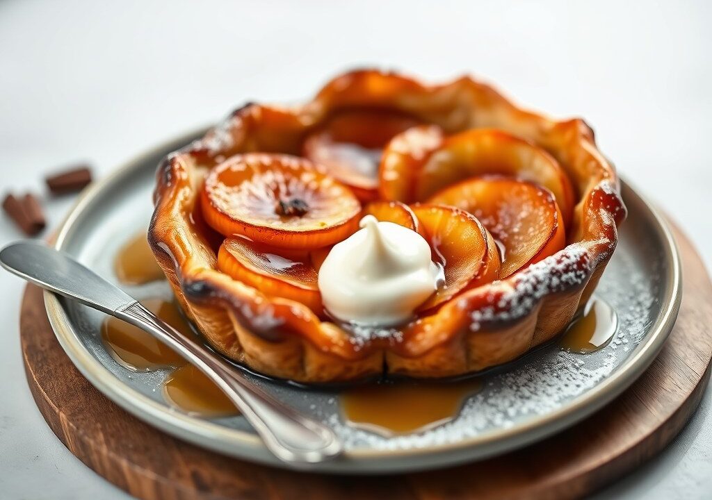 Tarte tatin van appel met maple syrup en vanille, AI-gegenereerde illustratie