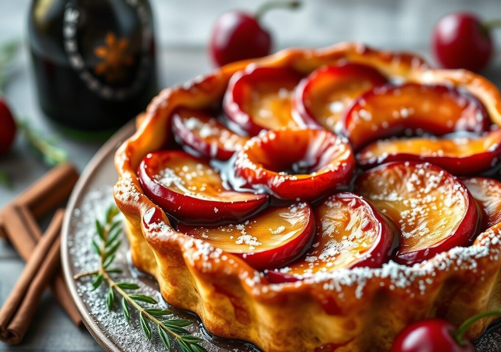 Tarte tatin van in port gemarineerde vijgen en Port Salut — AI-gegenereerde illustratie