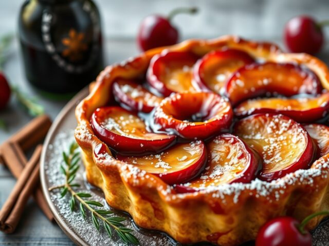 Tarte tatin van in port gemarineerde vijgen en Port Salut — AI-gegenereerde illustratie