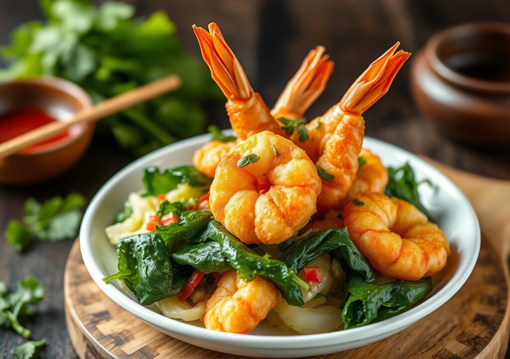 Tempura van garnalen, wok van Chinese kool en spinazie — AI-gegenereerde illustratie