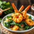Tempura van garnalen, wok van Chinese kool en spinazie