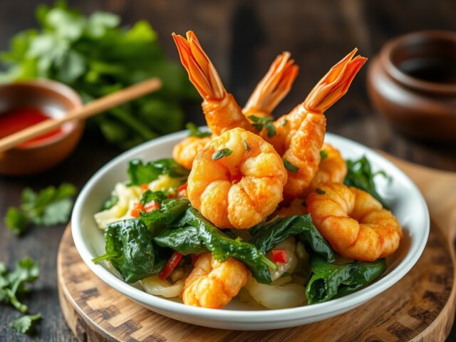 Tempura van garnalen, wok van Chinese kool en spinazie — AI-gegenereerde illustratie