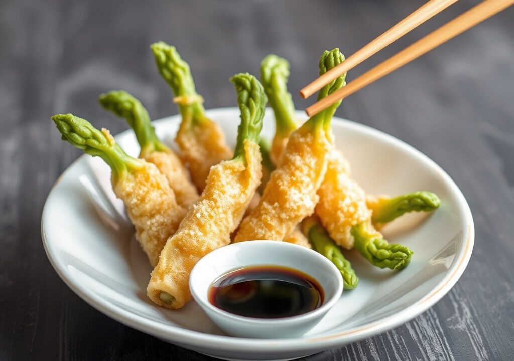 Tempura van groene asperges met Japanse dressing, AI-gegenereerde illustratie