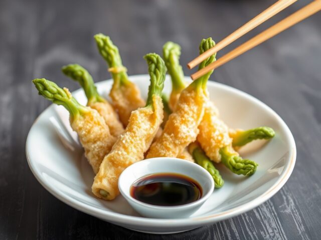 Tempura van groene asperges met Japanse dressing — AI-gegenereerde illustratie