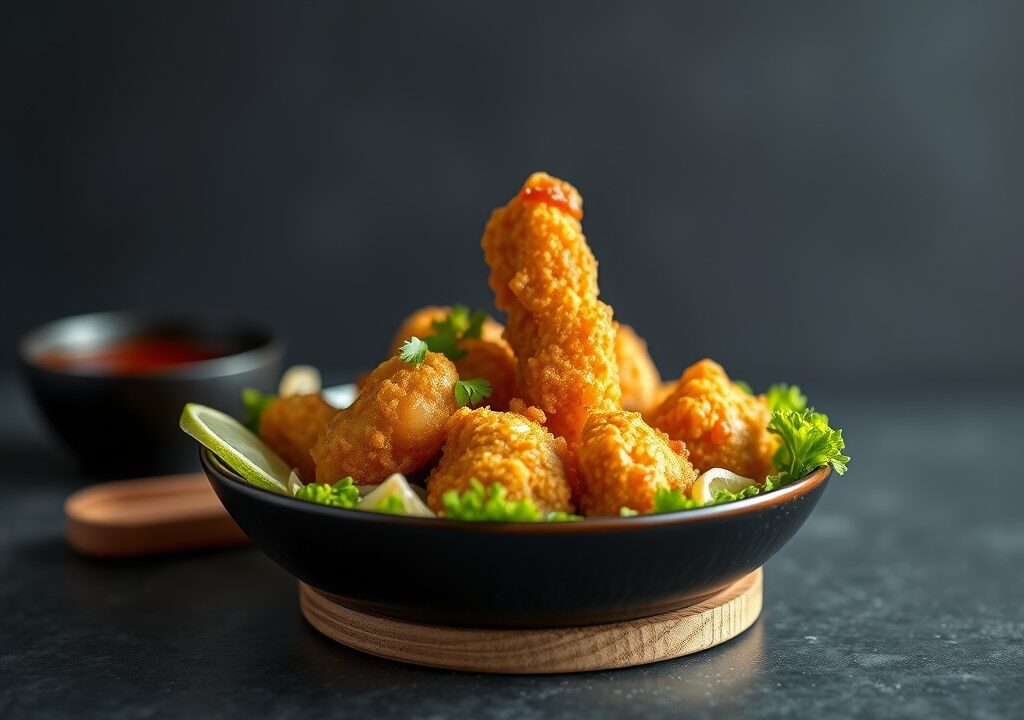 Tempura van Quorn in een Aziatische kruidenmix, fijne groentjes, AI-gegenereerde illustratie
