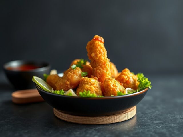 Tempura van Quorn in een Aziatische kruidenmix, fijne groentjes — AI-gegenereerde illustratie