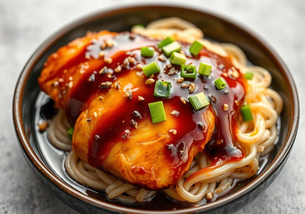 Teriyaki met gemarineerde kipfilet, AI-gegenereerde illustratie