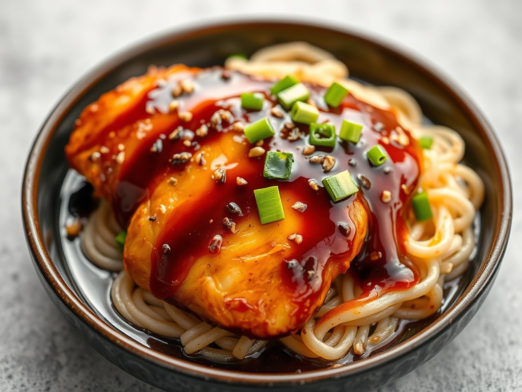 Teriyaki met gemarineerde kipfilet, AI-gegenereerde illustratie