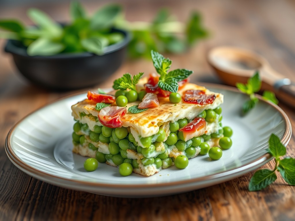Terrine van asperges en erwten met spek en munt, AI-gegenereerde illustratie