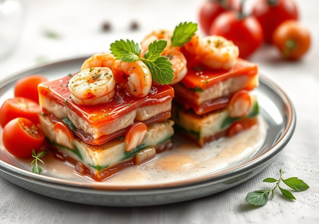 Terrine van tomaat met mosseltjes, grijze garnalen, komkommer en fijne kruidendressing — AI-gegenereerde illustratie