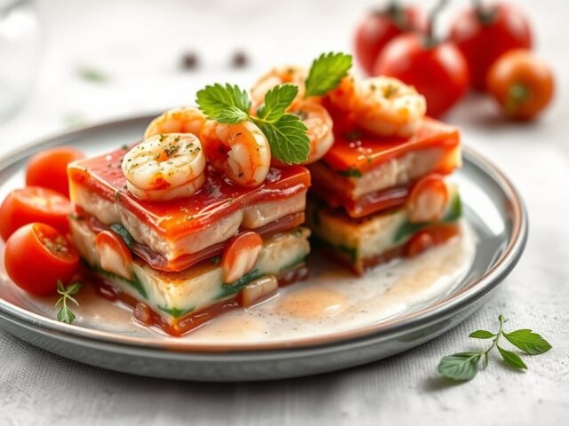 Terrine van tomaat met mosseltjes, grijze garnalen, komkommer en fijne kruidendressing — AI-gegenereerde illustratie