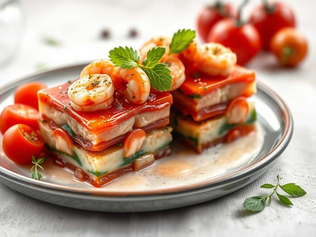 Terrine van tomaat met mosseltjes, grijze garnalen, komkommer en fijne kruidendressing, AI-gegenereerde illustratie