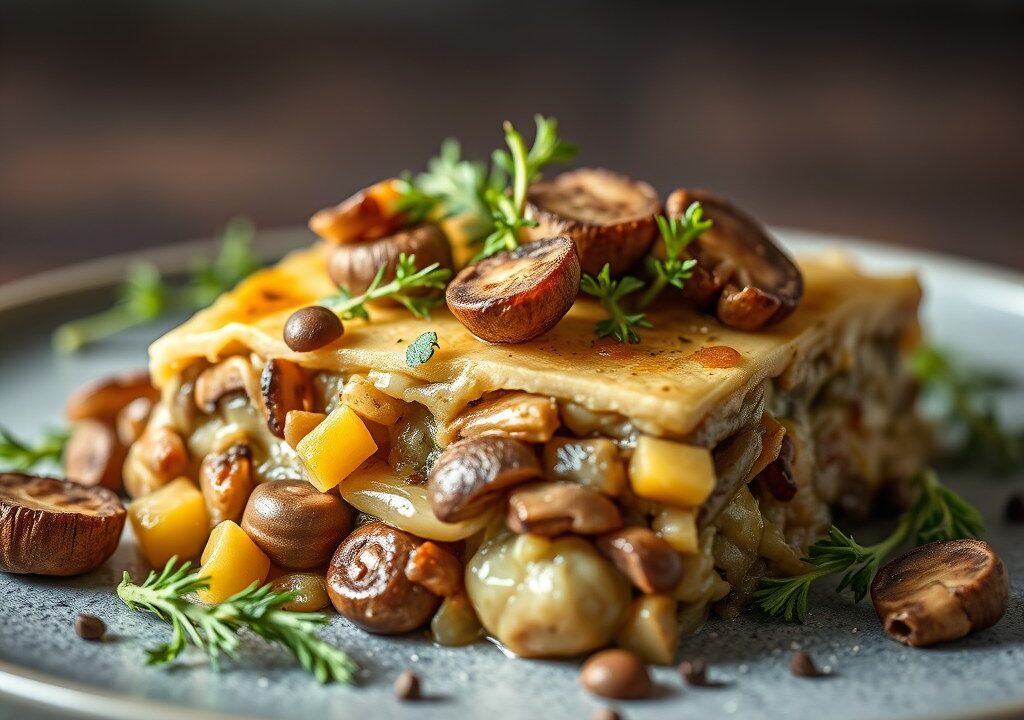 Terrine van wilde paddenstoelen met gekonfijte prei, AI-gegenereerde illustratie