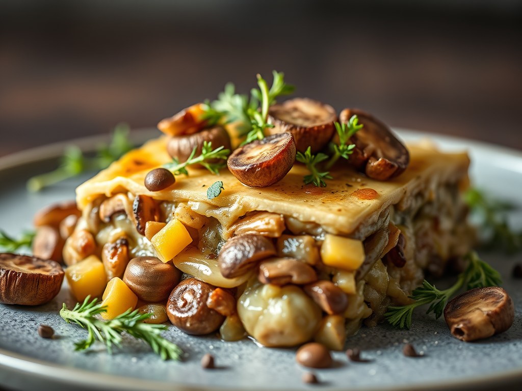 Terrine van wilde paddenstoelen met gekonfijte prei, AI-gegenereerde illustratie