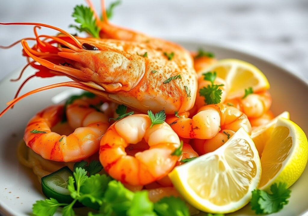 Thais slaatje met scampi’s en komkommer — AI-gegenereerde illustratie