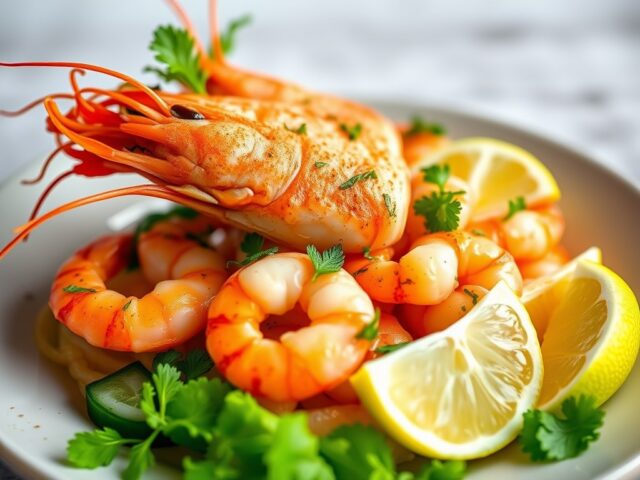 Thais slaatje met scampi’s en komkommer — AI-gegenereerde illustratie