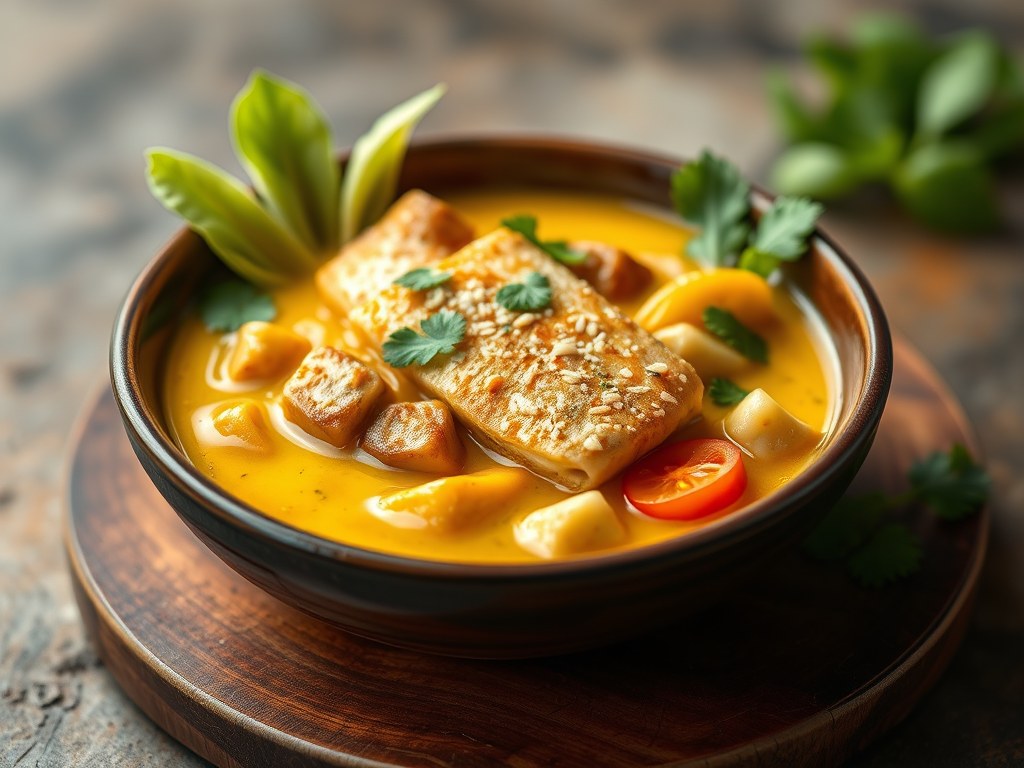 Thaise gele currry met vis gestoomd in bananenblad (Haw Mok Phuket), AI-gegenereerde illustratie