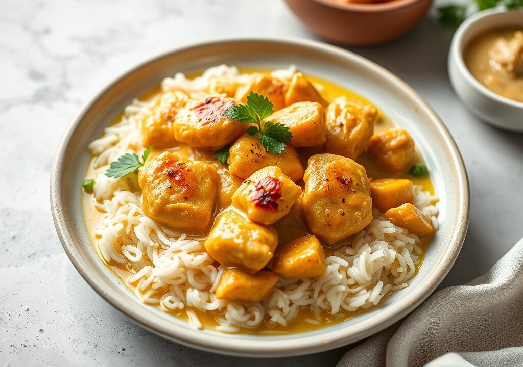 Thaise gele curry met kip en pinda’s, AI-gegenereerde illustratie