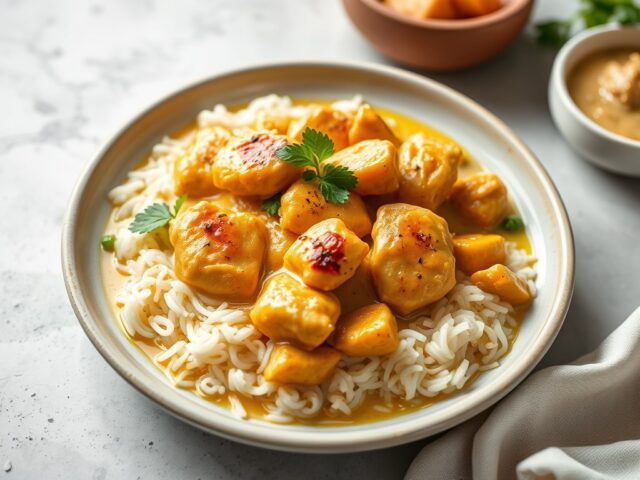 Thaise gele curry met kip en pinda’s — AI-gegenereerde illustratie