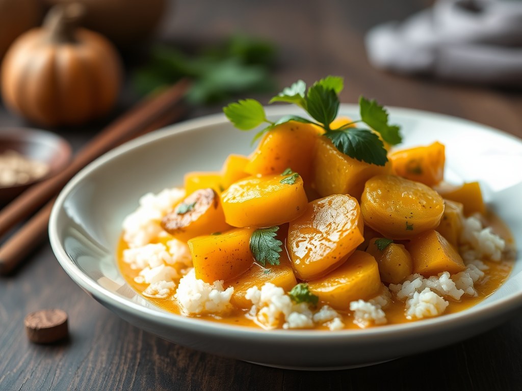 Thaise gele curry met pompoen en kalkoen, AI-gegenereerde illustratie