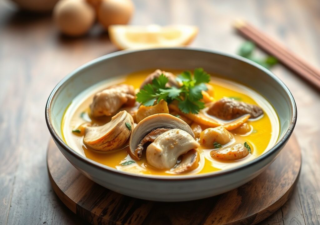 Thaise gele curry met varkensvlees met shii-take paddestoelen — AI-gegenereerde illustratie