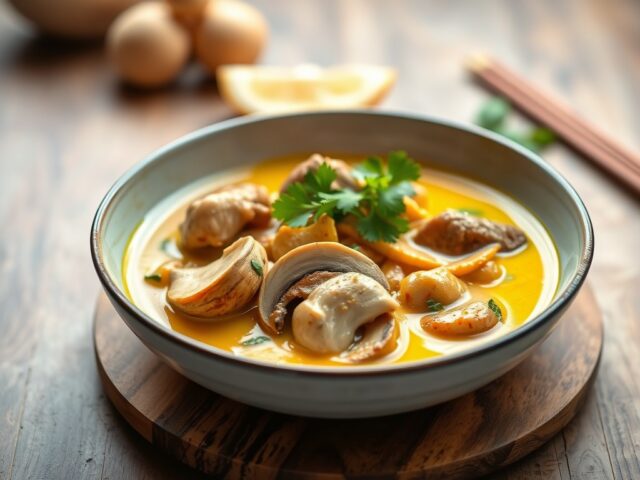 Thaise gele curry met varkensvlees met shii-take paddestoelen — AI-gegenereerde illustratie