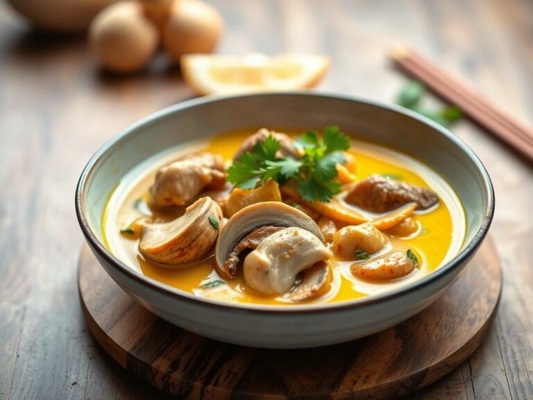 Thaise gele curry met varkensvlees met shii-take paddestoelen — AI-gegenereerde illustratie