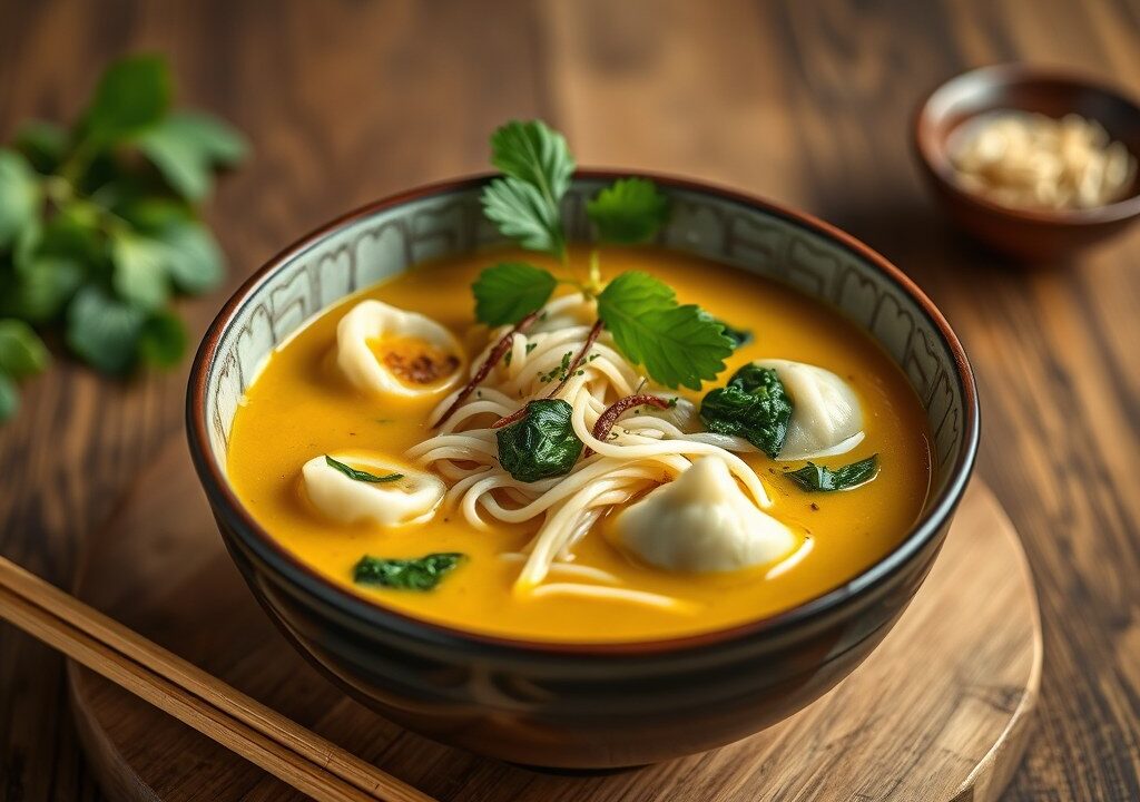 Thaise gele curry soep met rijstnoedels en wontons — AI-gegenereerde illustratie