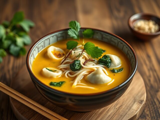 Thaise gele curry soep met rijstnoedels en wontons — AI-gegenereerde illustratie