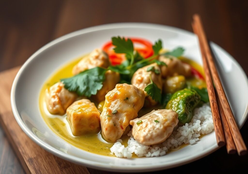 Thaise groene curry met vega kipstukjes — AI-gegenereerde illustratie