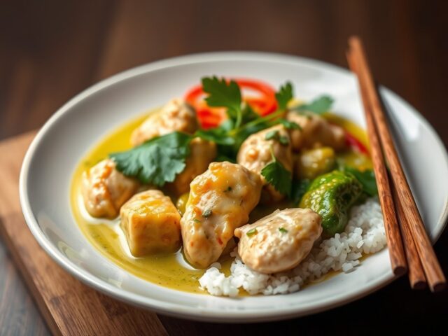 Thaise groene curry met vega kipstukjes — AI-gegenereerde illustratie