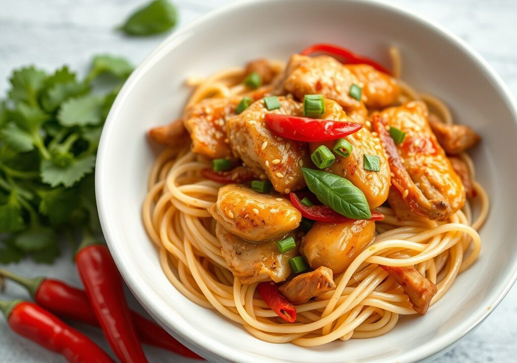 Thaise kip met sesam pasta en paksoi, AI-gegenereerde illustratie