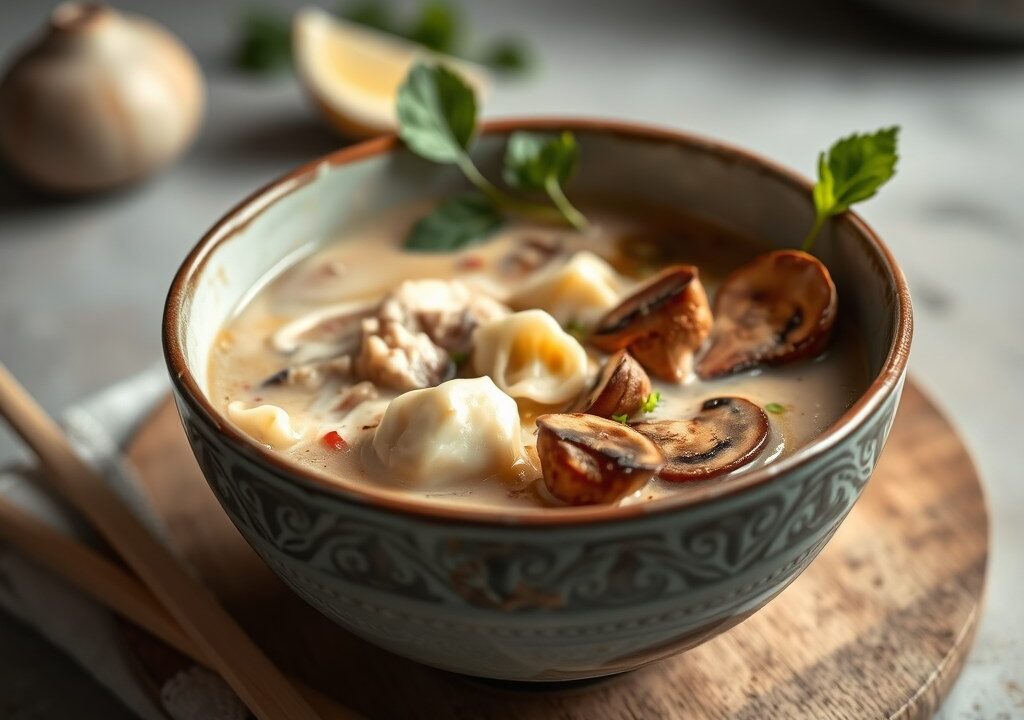 Thaise kokos kip soep (Tom Kha Gai), AI-gegenereerde illustratie