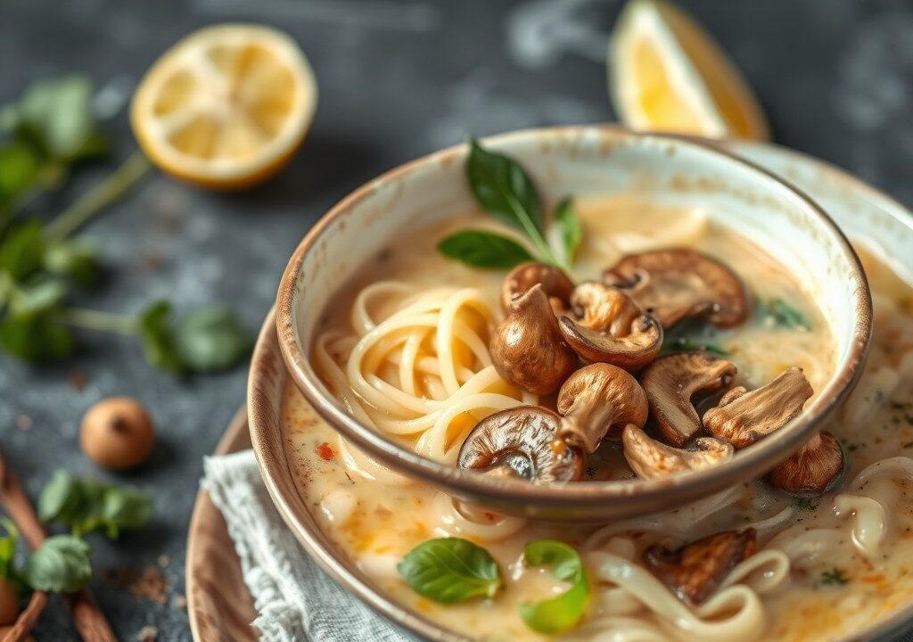 Thaise kokos paddenstoelen soep (Tom Kha Hed Fang ), AI-gegenereerde illustratie