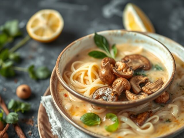 Thaise kokos paddenstoelen soep (Tom Kha Hed Fang ) — AI-gegenereerde illustratie