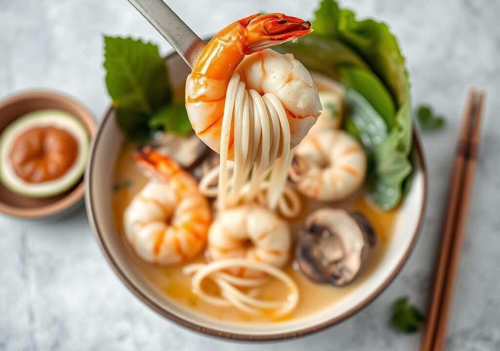 Thaise kokos soep met grote garnalen (Tom Kha Kung) — AI-gegenereerde illustratie