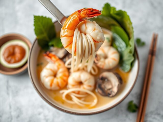Thaise kokos soep met grote garnalen (Tom Kha Kung) — AI-gegenereerde illustratie