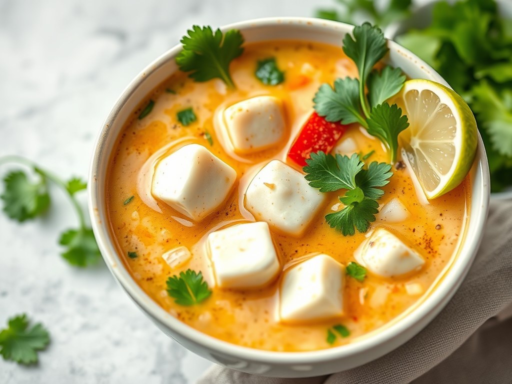 Thaise kokos soep met tofu (Tom Kha Tahoe), AI-gegenereerde illustratie