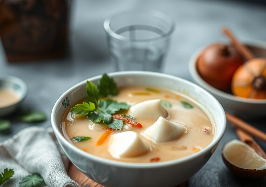 Thaise kokos soep met visballetjes (Tom Kha Talee), AI-gegenereerde illustratie