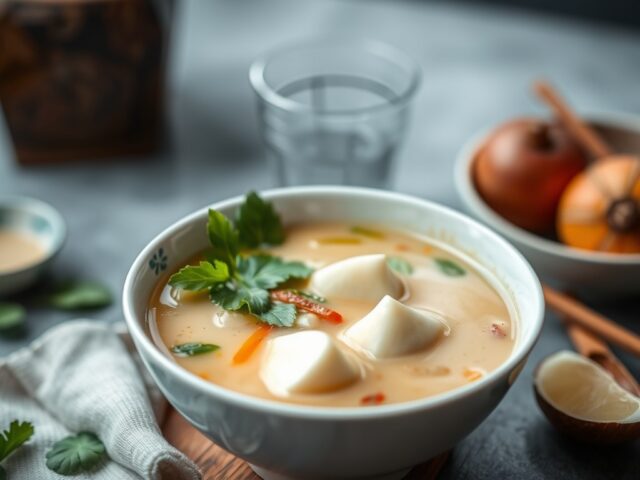 Thaise kokos soep met visballetjes (Tom Kha Talee) — AI-gegenereerde illustratie