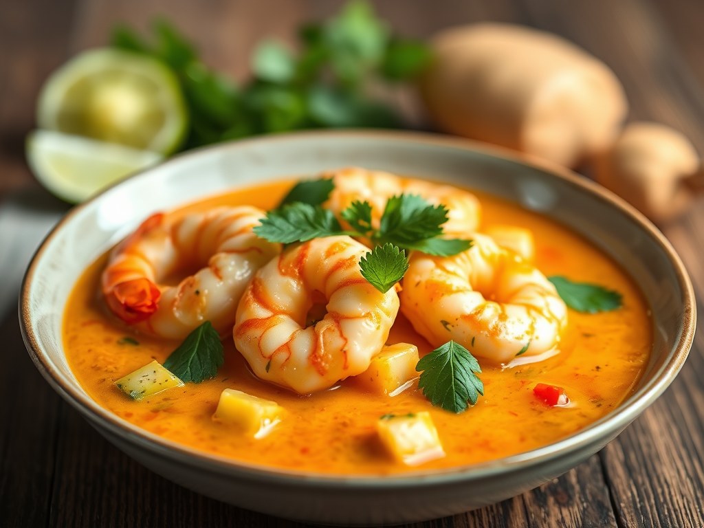 Thaise penang curry met garnalen, AI-gegenereerde illustratie