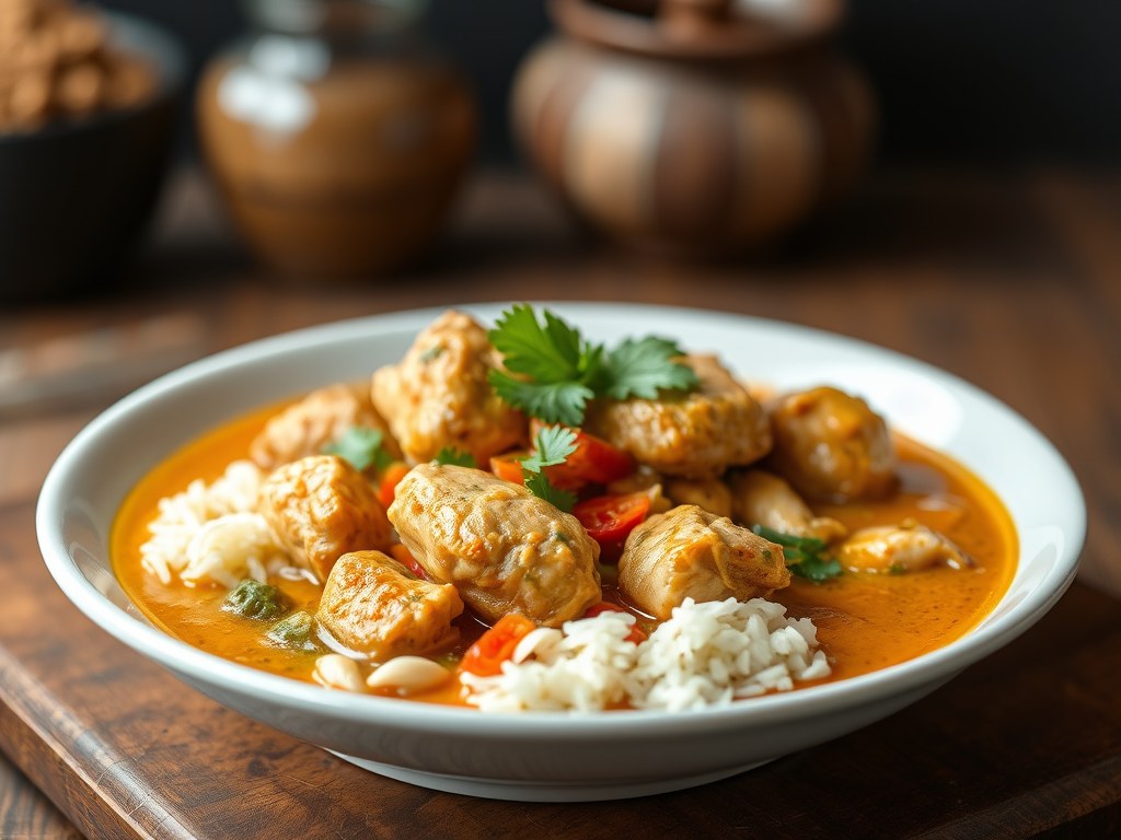 Thaise penang curry met kip, AI-gegenereerde illustratie