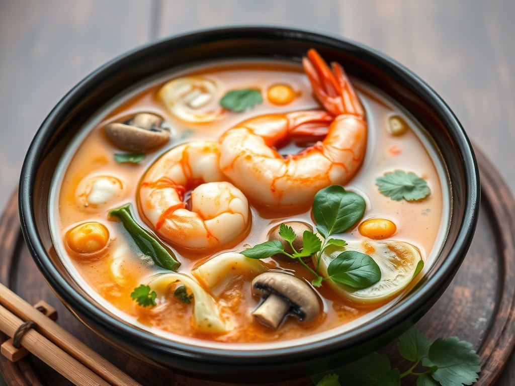 Thaise pikante soep met garnalen (Tom Yam Kung), AI-gegenereerde illustratie