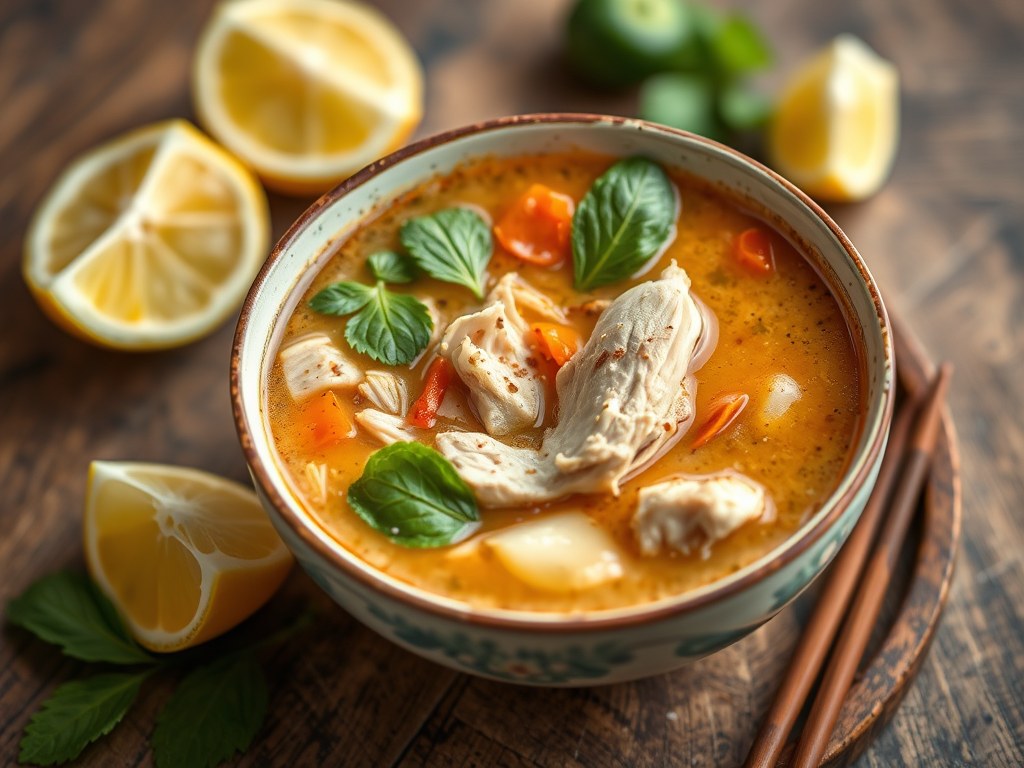Thaise pikante soep met kip (Tom Yam Kai), AI-gegenereerde illustratie